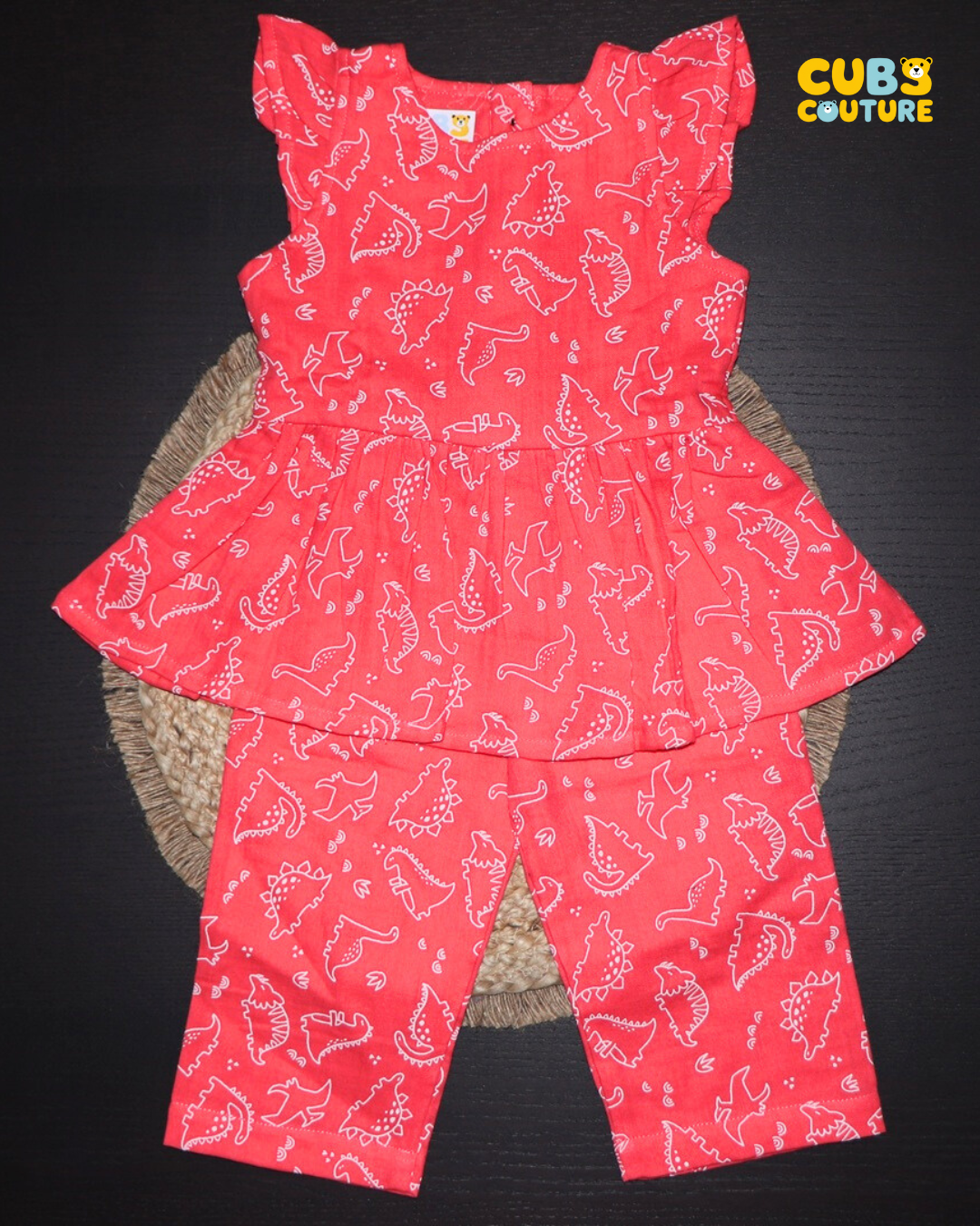 Coloured Muslin Co-ords -Pink Dino