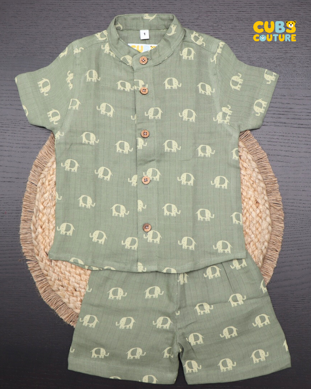 Coloured Muslin Co-ords Shorts - Olive Green Elephants