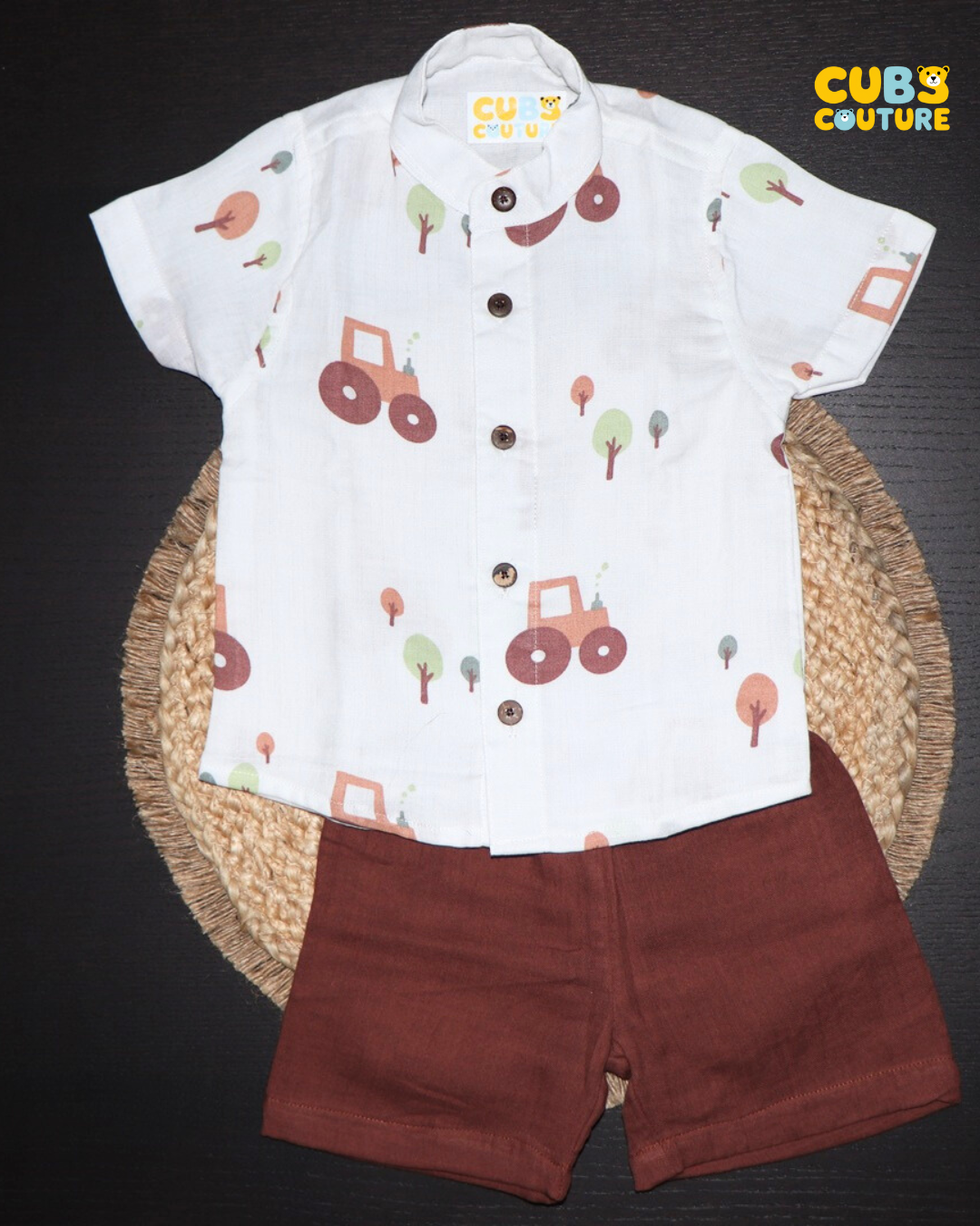 Coloured Muslin Co-ords Shorts - Chocolate Brown Cars