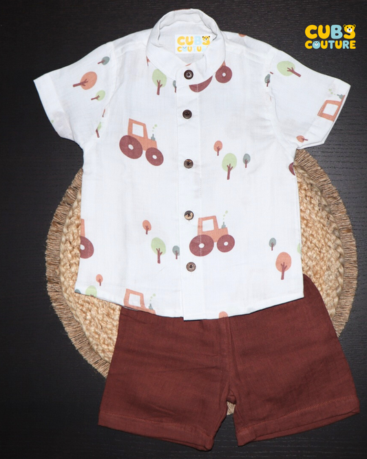 Coloured Muslin Co-ords Shorts - Chocolate Brown Cars