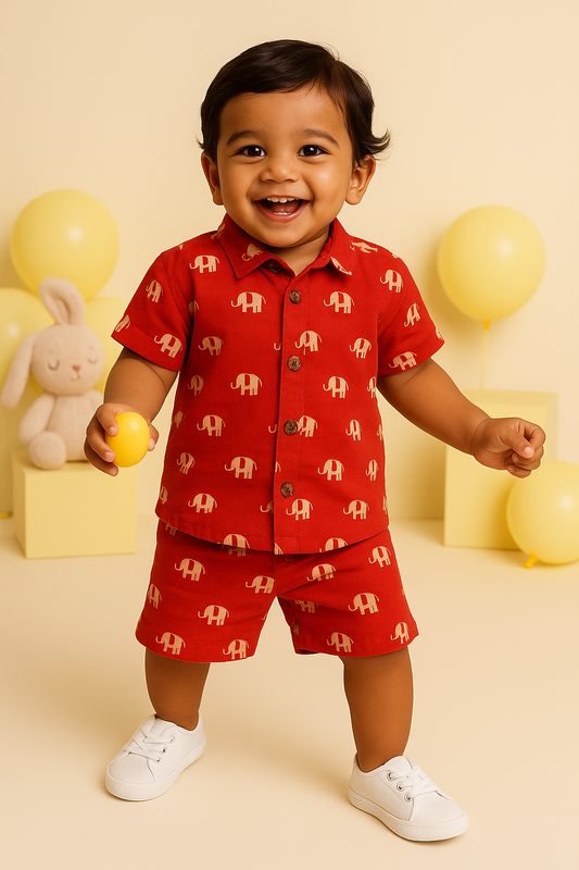 Coloured Muslin Co-ords Shorts - Red Elephant