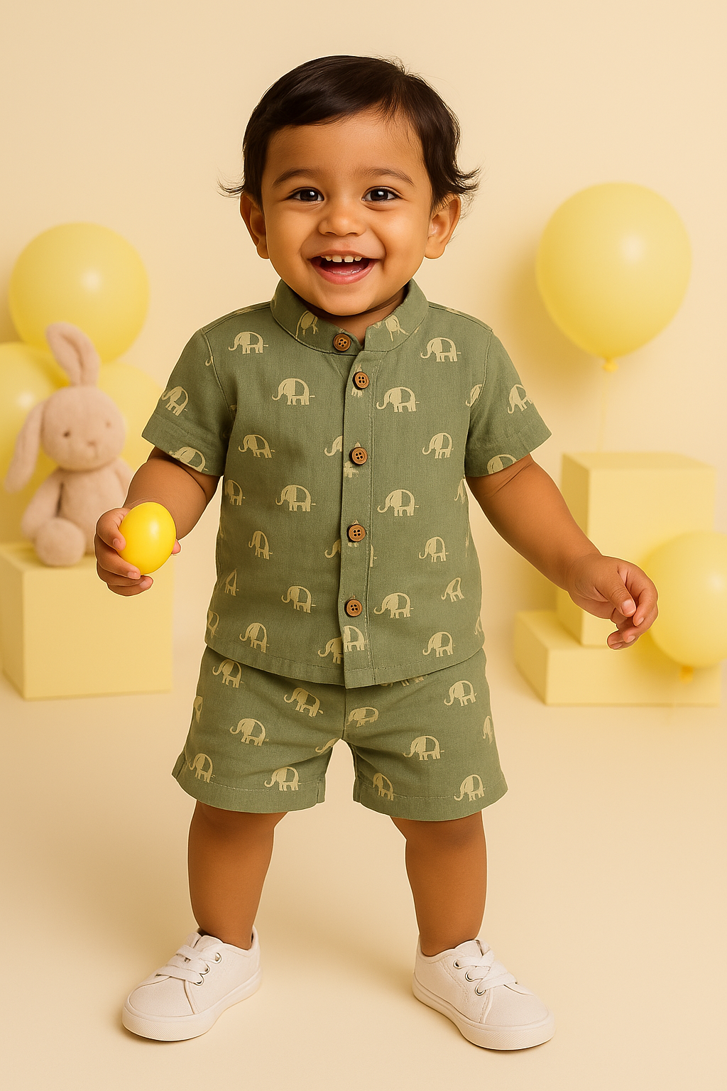 Coloured Muslin Co-ords Shorts - Olive Green Elephants