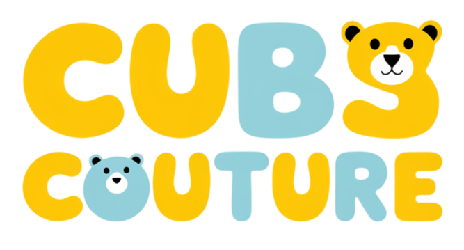 Logo for 'Cubs Couture' with colorful letters and bear illustrations on a white background