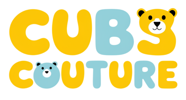 Logo for 'Cubs Couture' with colorful letters and bear illustrations on a white background
