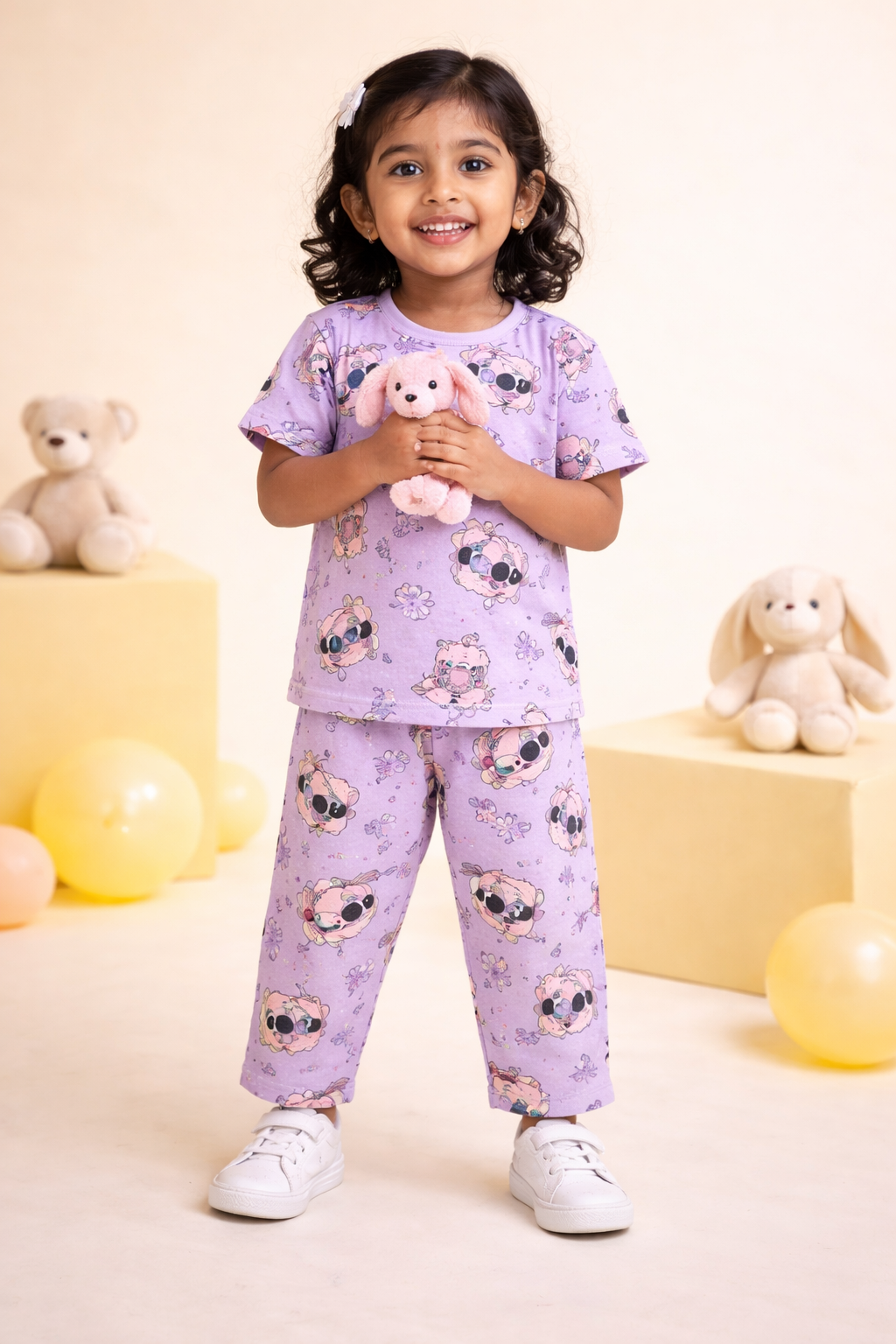Lavender Stitch Half Sleeve Full Pant Co-Ords